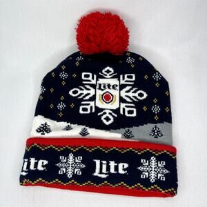 Miller Lite Beer Christmas Snowflake Hat Knit Cap Pom Beanie One Size